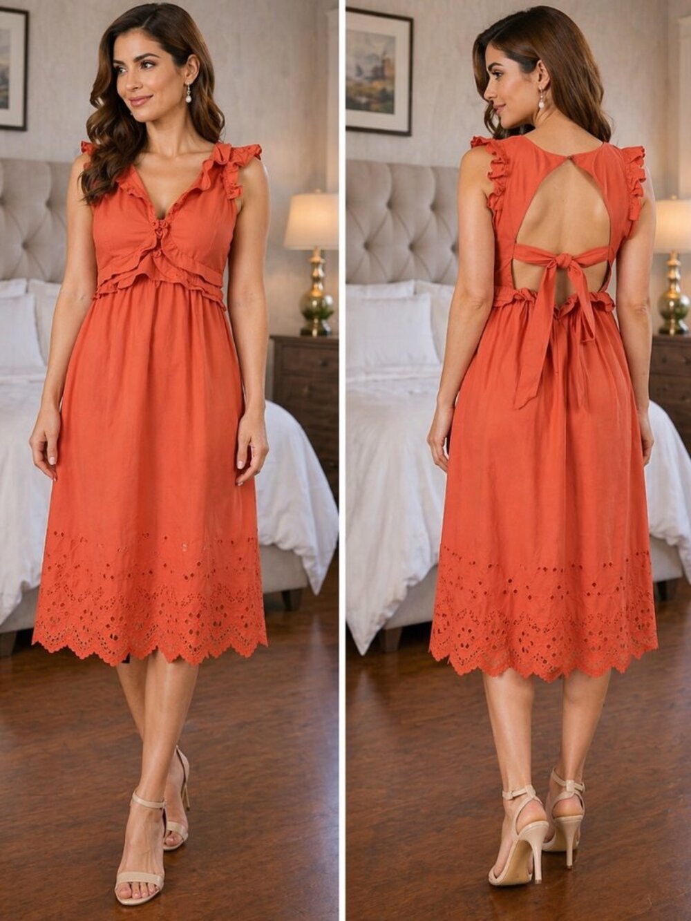 NWT Self-Portrait Dark Orange Openwork Ruffle Midi Dress $505